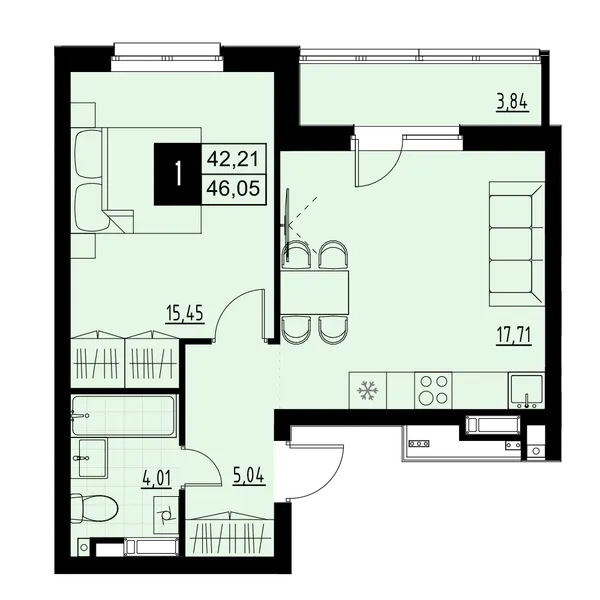 1-комнатная  44.13 м² - Изображение