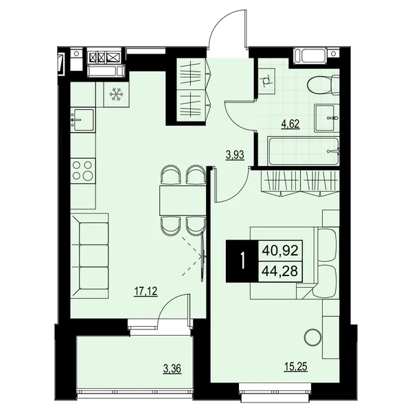1-комнатная  42.6 м² - Изображение