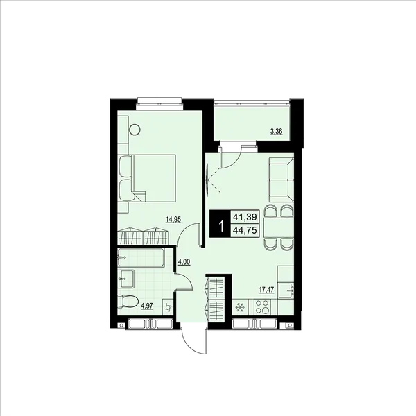 1-комнатная  43.07 м² - Изображение