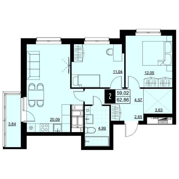 2-комнатная  60.94 м² - Изображение