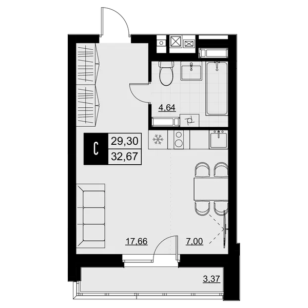 Студия  30.99 м² - Изображение
