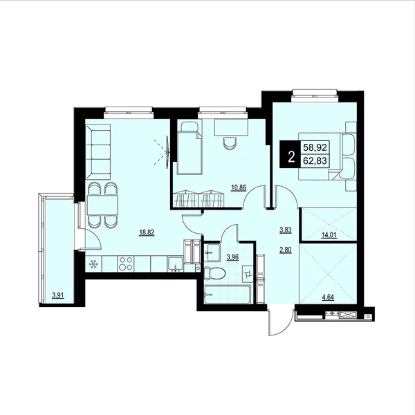 2-комнатная  60.88 м² - Изображение
