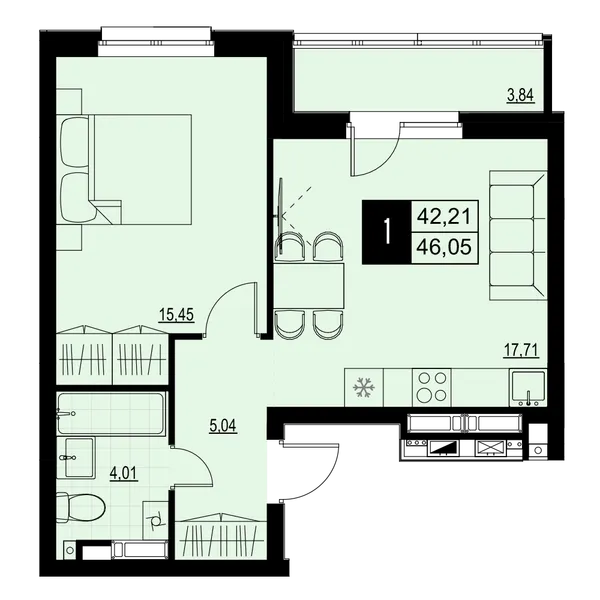 1-комнатная  44.13 м² - Изображение