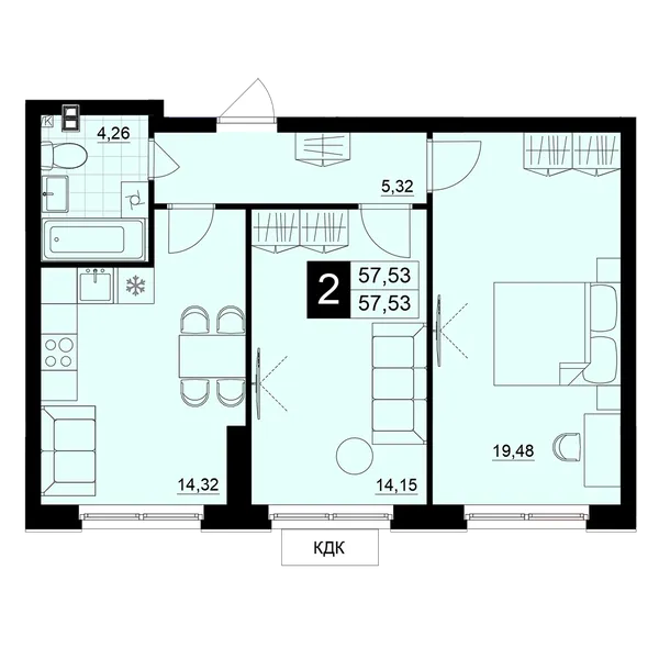 2-комнатная  57.5 м² - Изображение