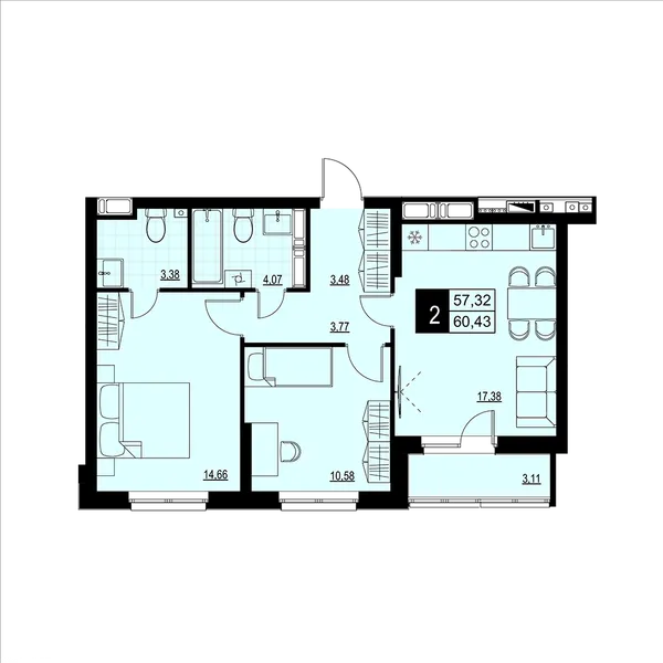2-комнатная  58.88 м² - Изображение