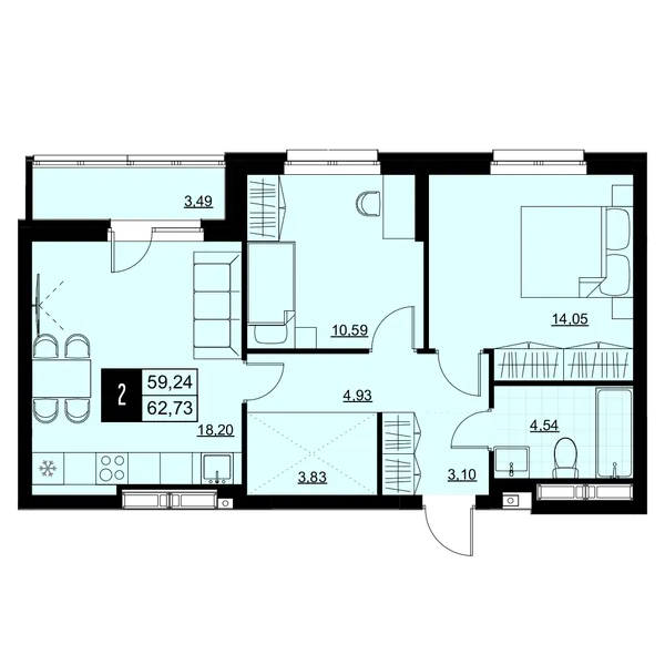 2-комнатная  60.99 м² - Изображение