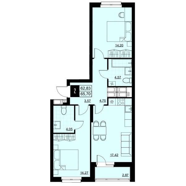 2-комнатная  64.27 м² - Изображение