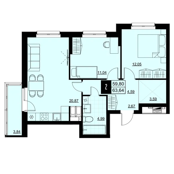 2-комнатная  61.72 м² - Изображение