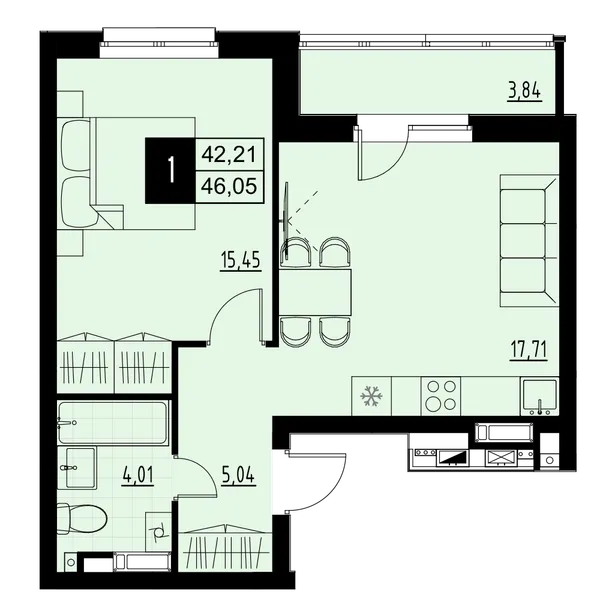 1-комнатная  44.13 м² - Изображение