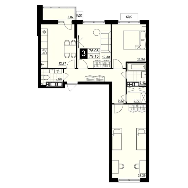 3-комнатная  77.62 м² - Изображение