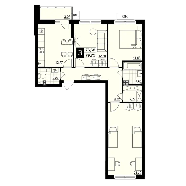 3-комнатная  79.2 м² - Изображение