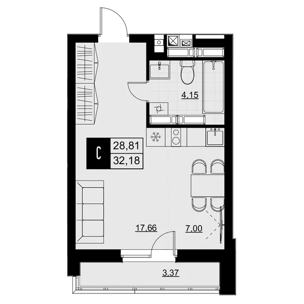 Студия  30.5 м² - Изображение