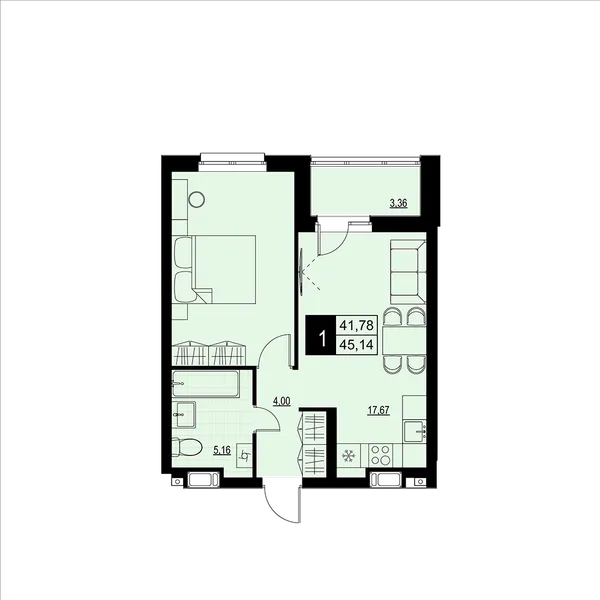 1-комнатная  43.46 м² - Изображение