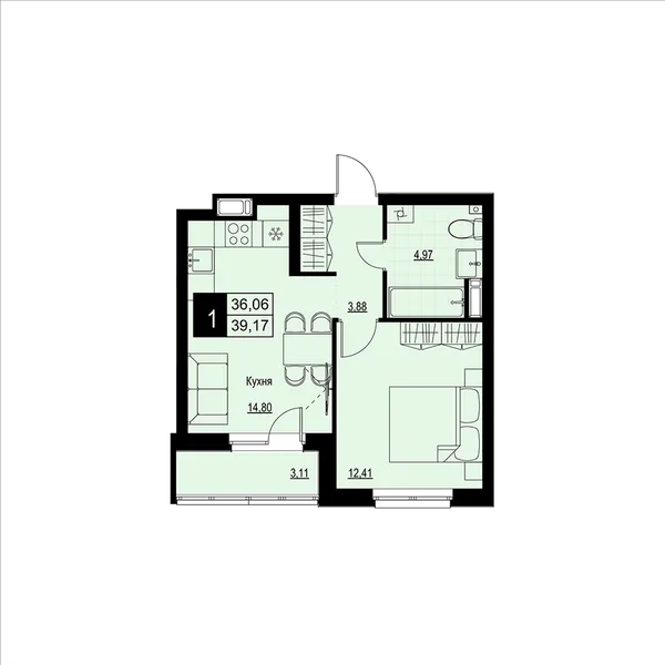1-комнатная  37.62 м² - Изображение