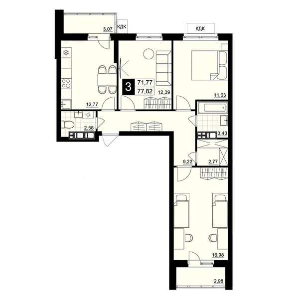 3-комнатная  74.8 м² - Изображение