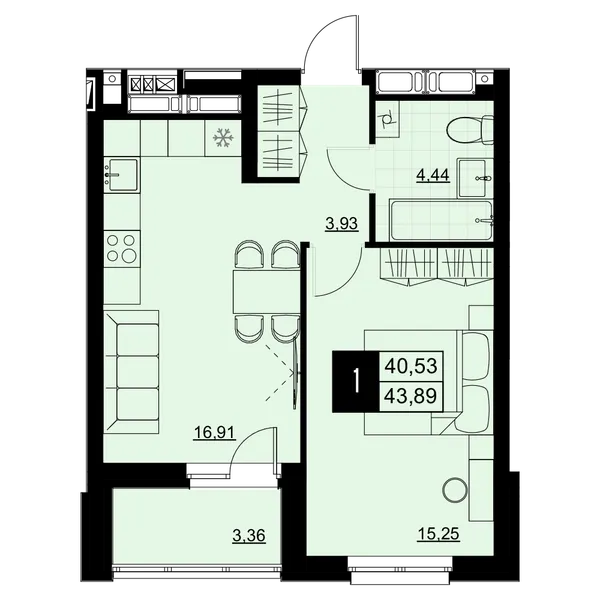1-комнатная  42.21 м² - Изображение