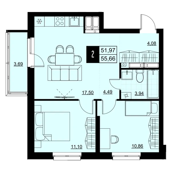 2-комнатная  53.82 м² - Изображение