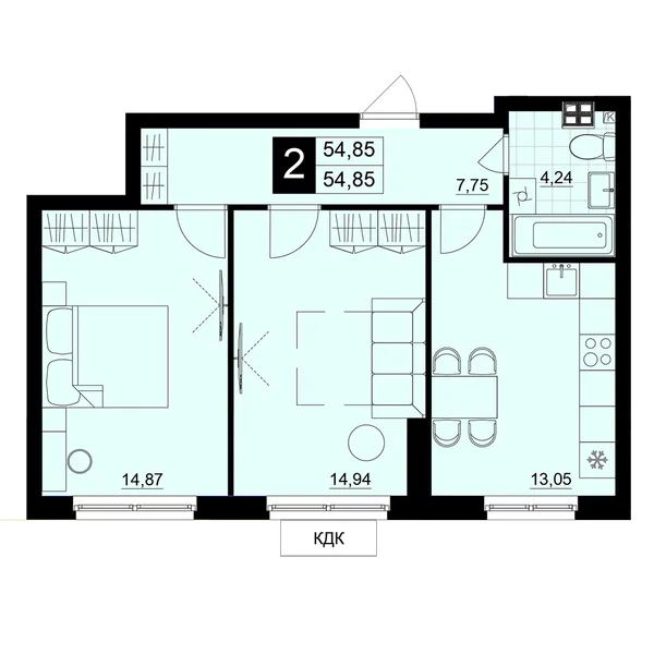 2-комнатная  54.62 м² - Изображение