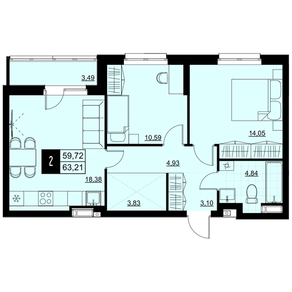 2-комнатная  61.47 м² - Изображение