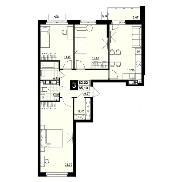 3-комнатная  83.57 м² - Изображение