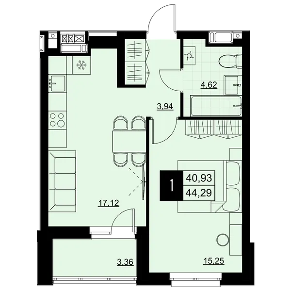 1-комнатная  42.61 м² - Изображение