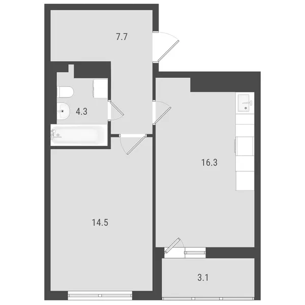 1-комнатная  43.76 м² - Изображение