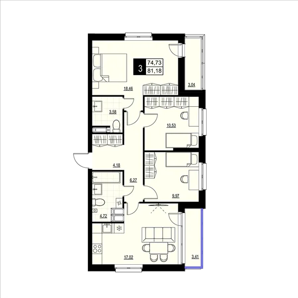 3-комнатная  77.96 м² - Изображение