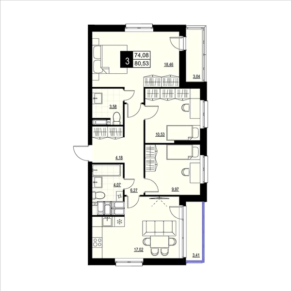 3-комнатная  77.31 м² - Изображение