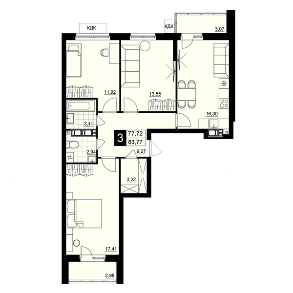 3-комнатная  80.75 м² - Изображение